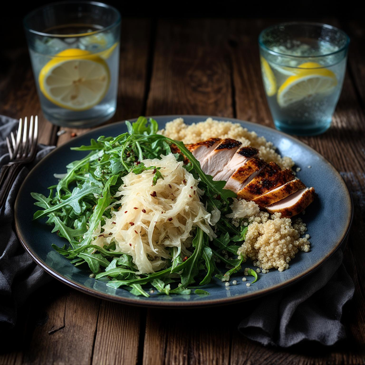Arugula sauerkraut salad with grilled chicken and quinoa
