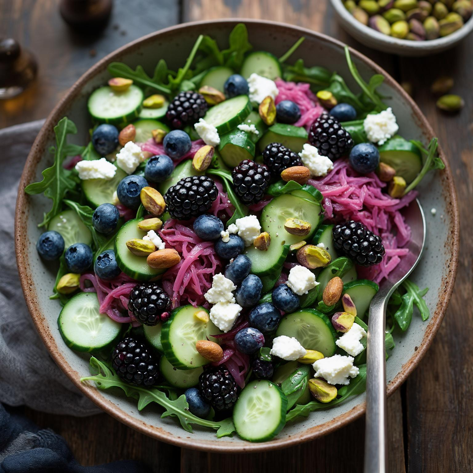 Fresh arugula sauerkraut salad with berries and goat cheese