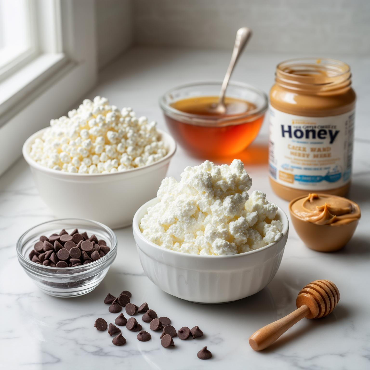Blender filled with cottage cheese, honey, and peanut butter being blended into a smooth base

