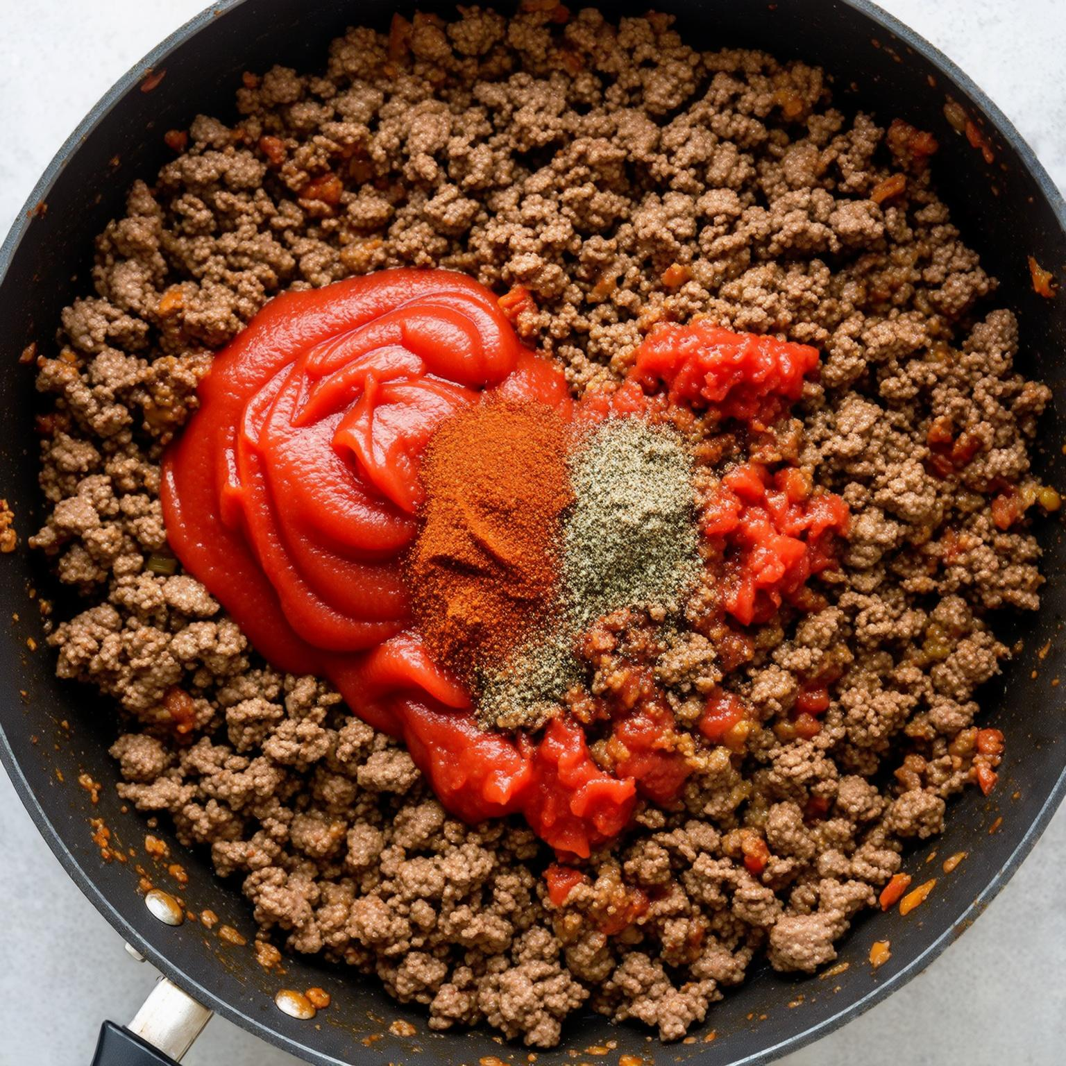 Ground beef in skillet for hot honey bowl