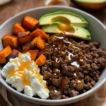 Close-up of Hot Honey Ground Beef Bowl with sweet potatoes and hot honey