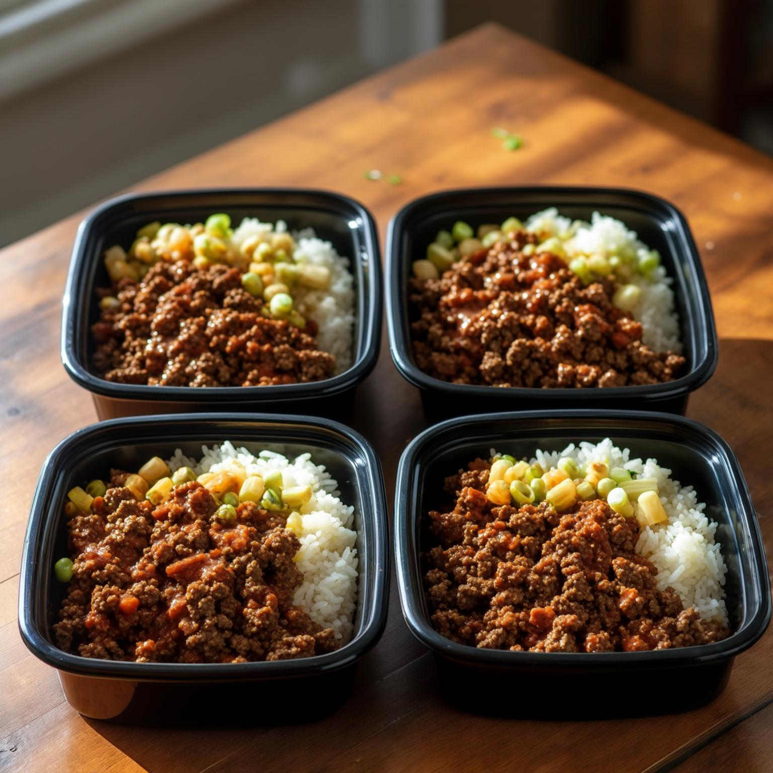 Meal prep containers with hot honey ground beef bowls