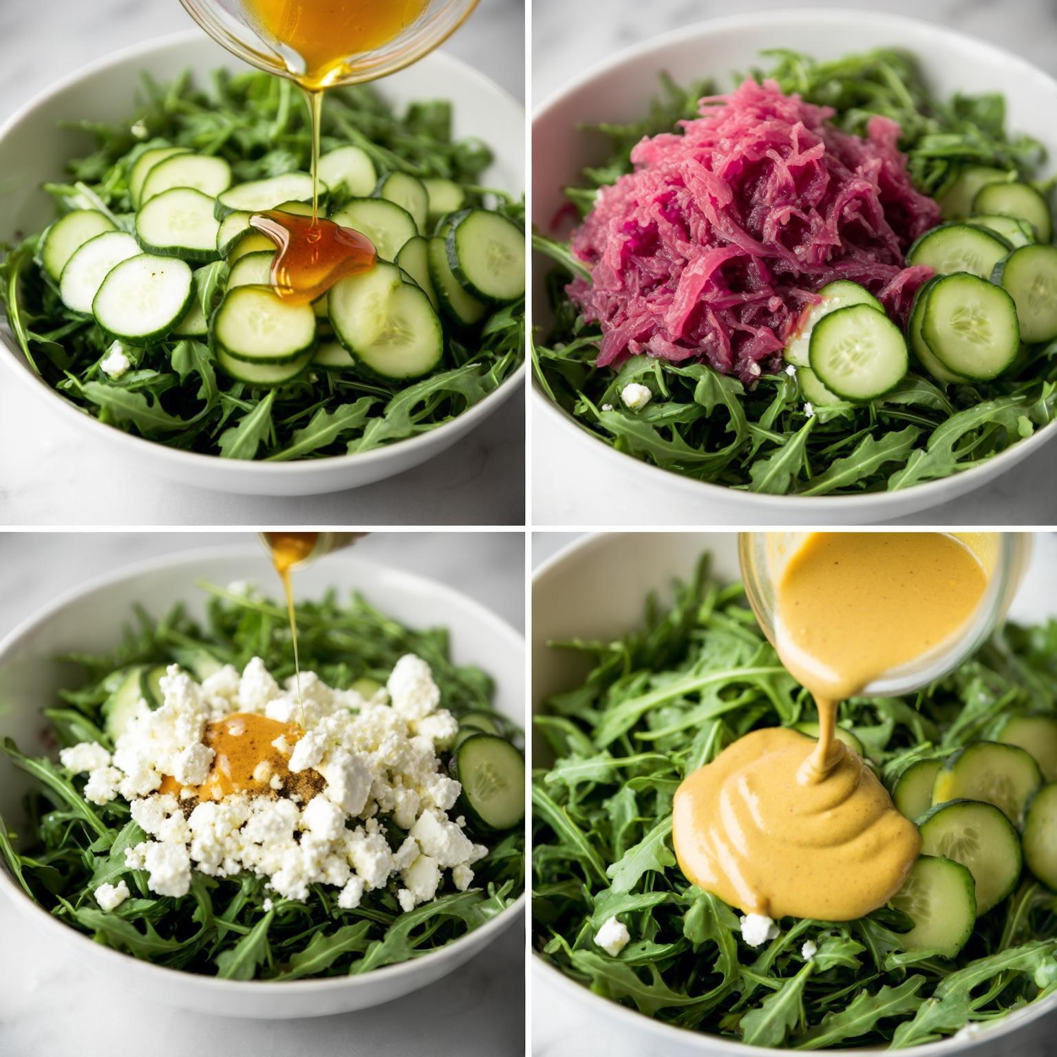 Preparing arugula sauerkraut salad with dressing