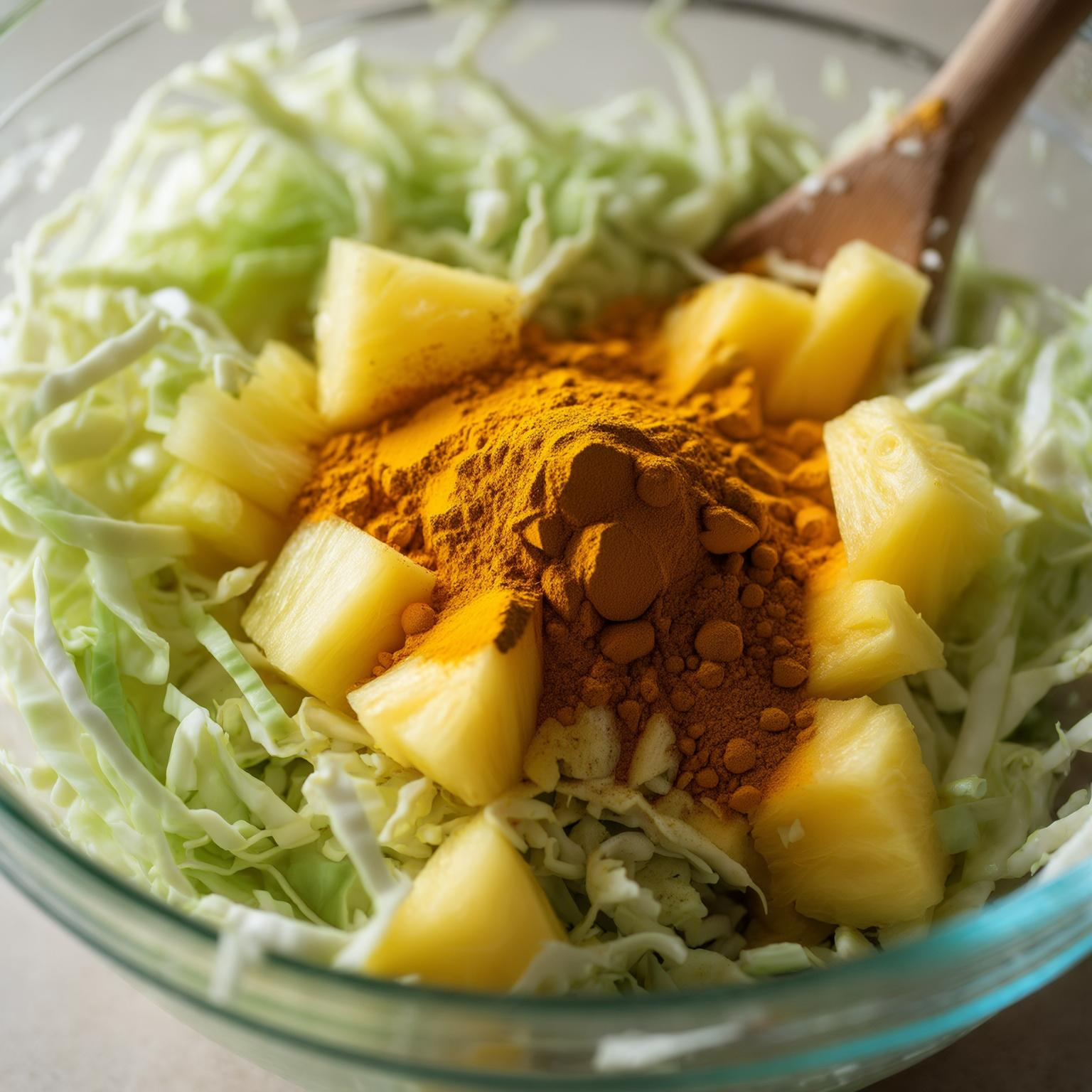 Mixing Pineapple Turmeric Sauerkraut ingredients