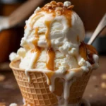 Bowl of cottage cheese ice cream garnished with chocolate chips and honey drizzle