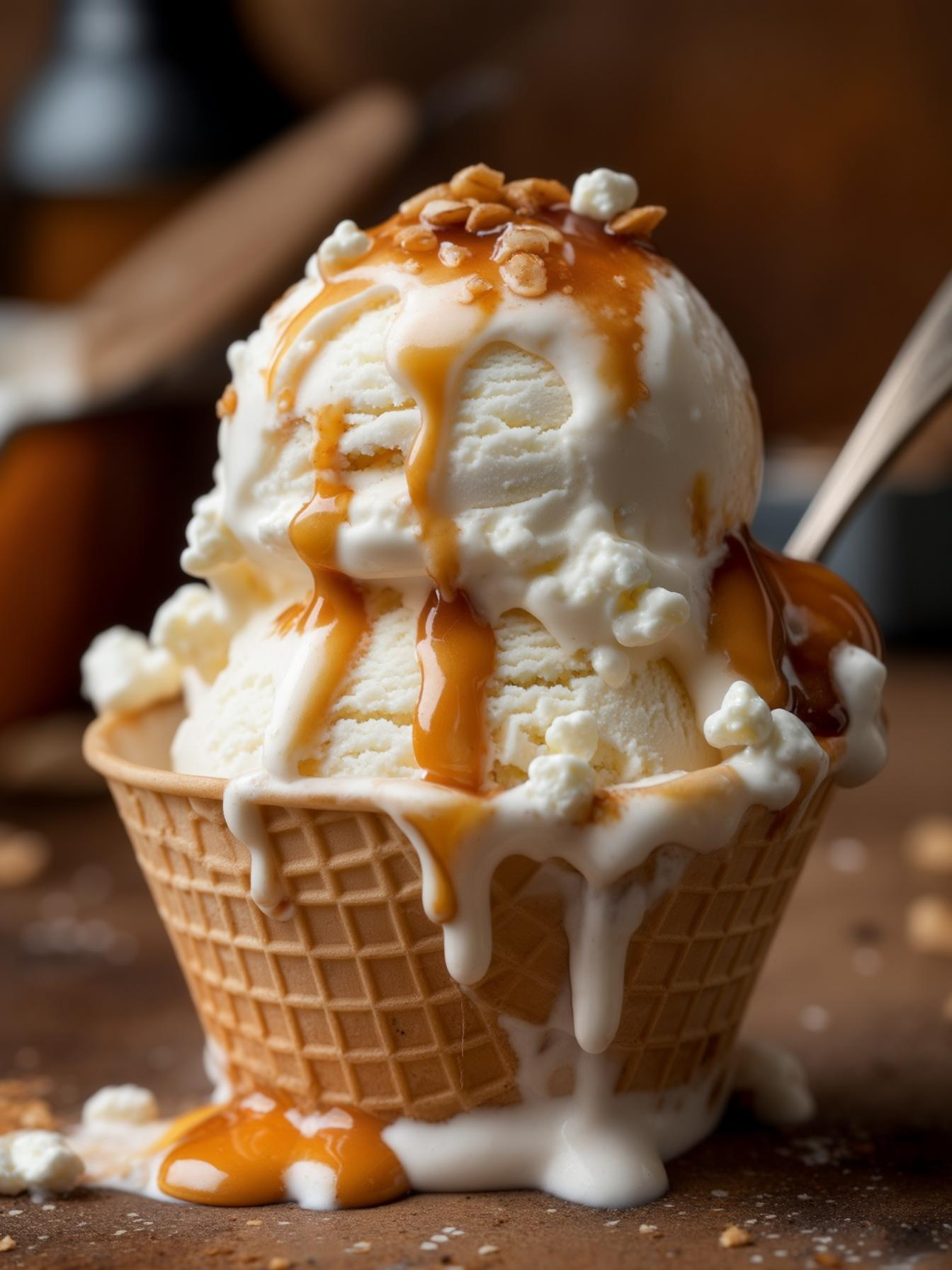Bowl of cottage cheese ice cream garnished with chocolate chips and honey drizzle

