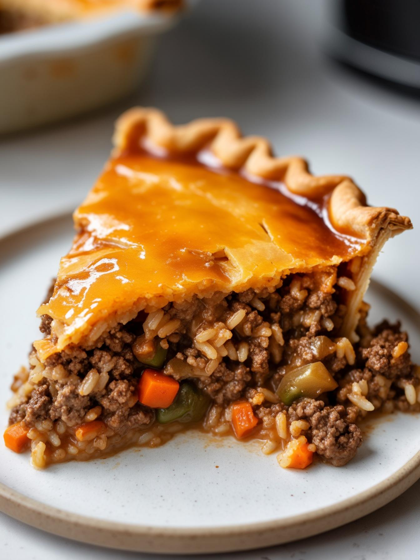Ground beef and rice pie in a baking dish